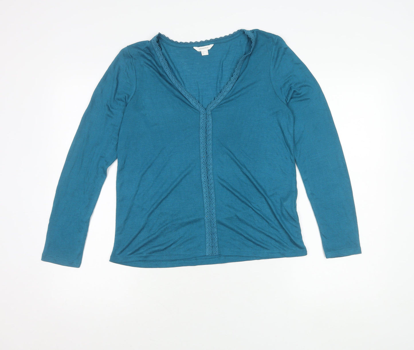Springfield Women's Blue V-Neck Lace Trim Cardigan M Regular