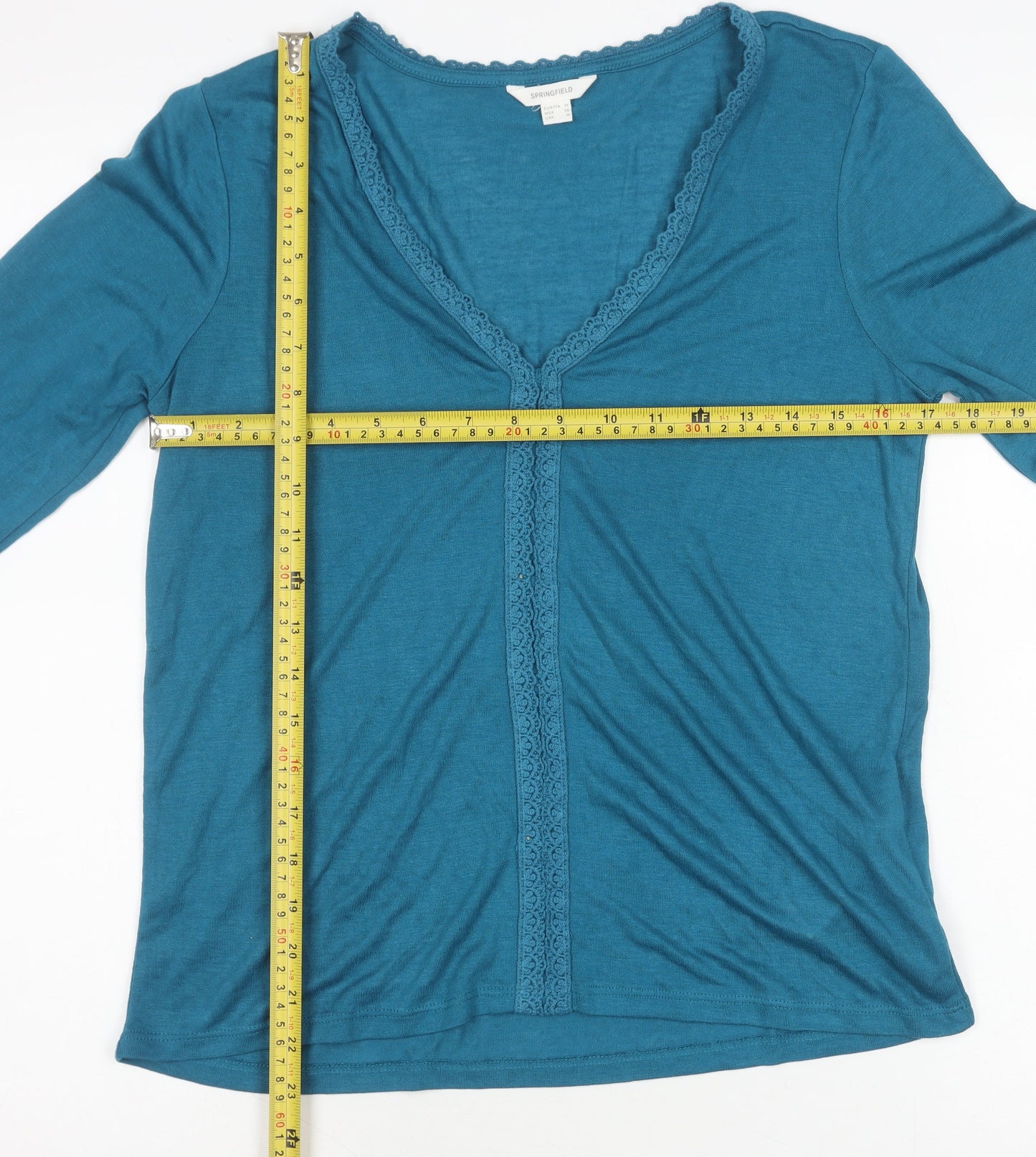 Springfield Women's Blue V-Neck Lace Trim Cardigan M Regular