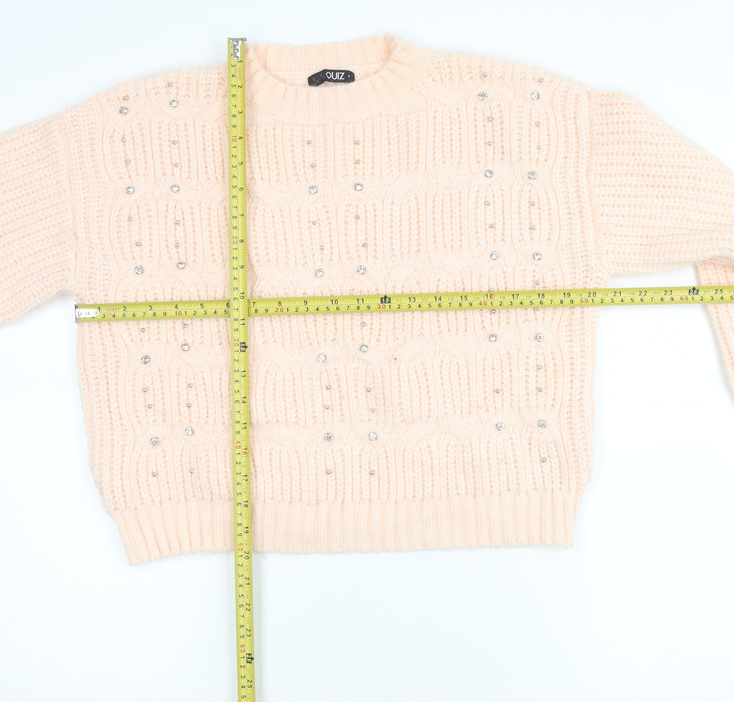 Quiz Women's Beige Beaded Chunky Knit Crew Neck Jumper Size S