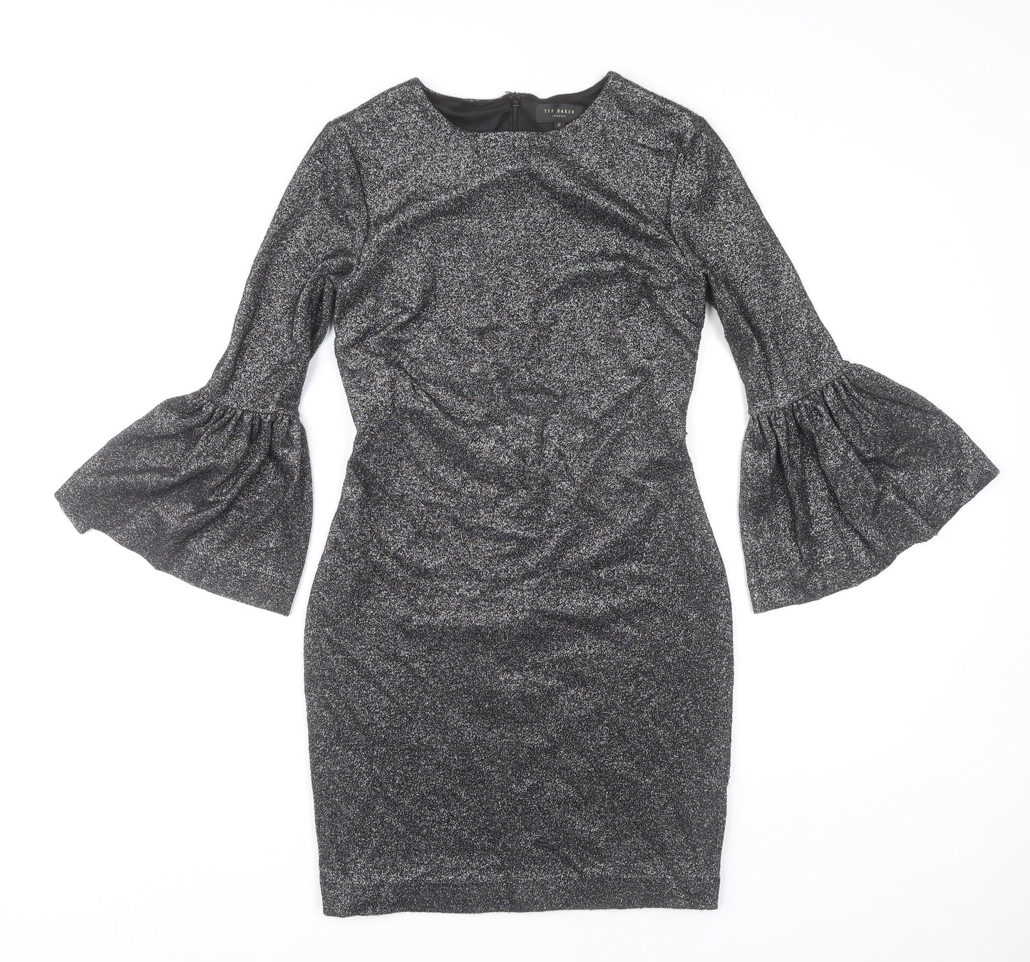 Ted Baker Women’s Silver Glitter Bodycon Bell Sleeve Dress Size 10
