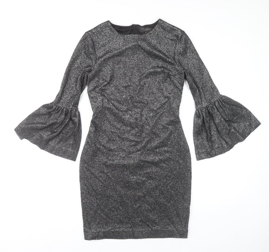 Ted Baker Women’s Silver Glitter Bodycon Bell Sleeve Dress Size 10