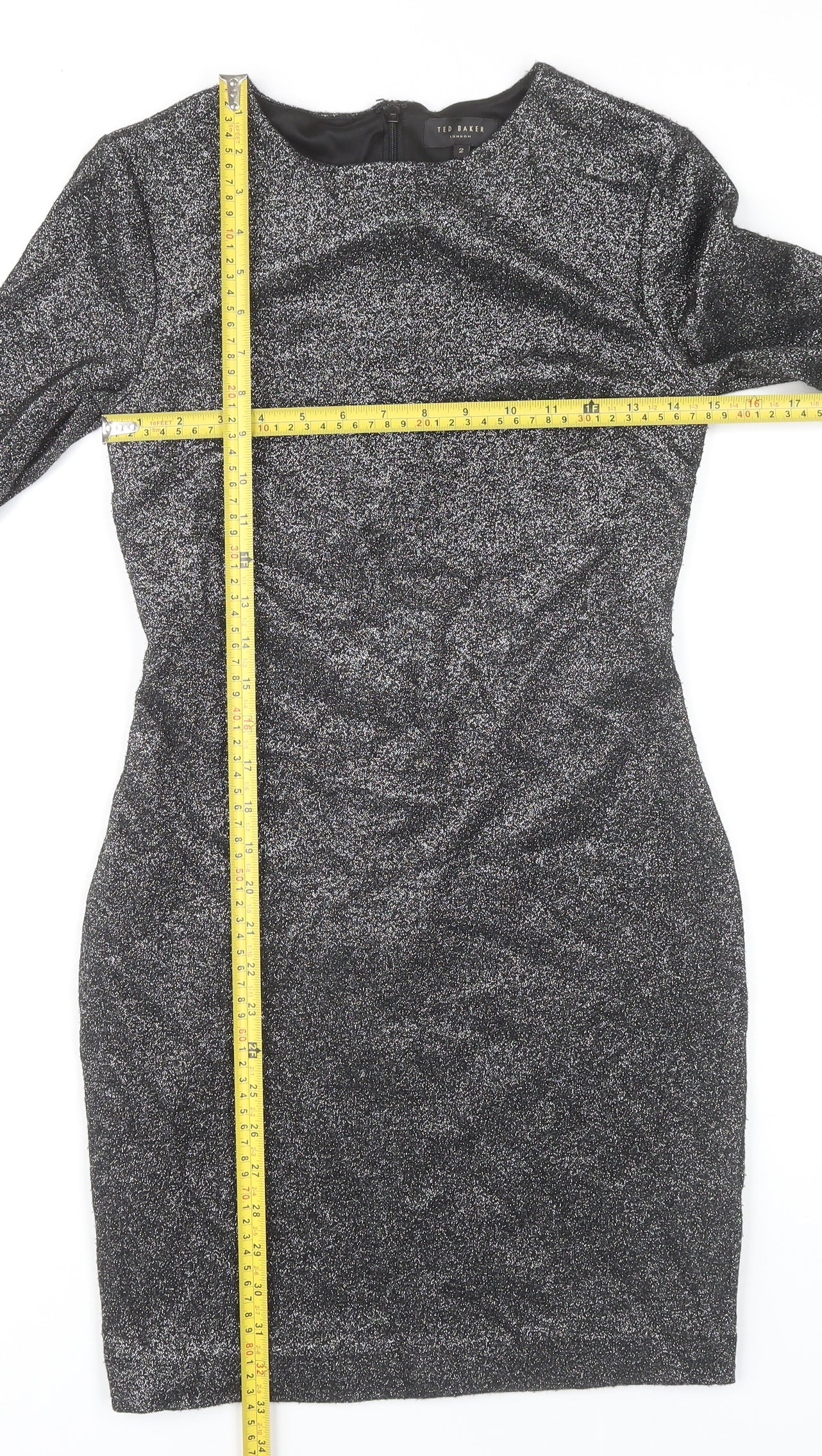 Ted Baker Women’s Silver Glitter Bodycon Bell Sleeve Dress Size 10