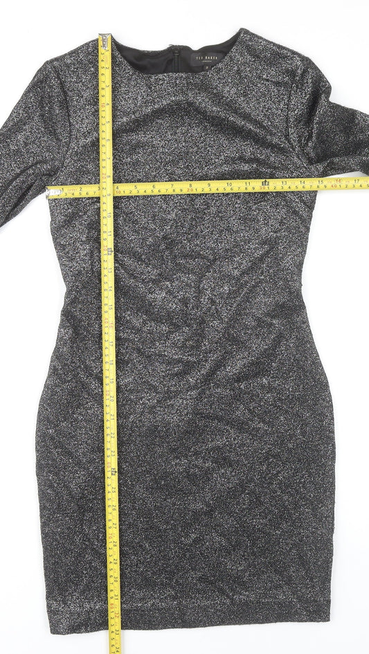 Ted Baker Women’s Silver Glitter Bodycon Bell Sleeve Dress Size 10