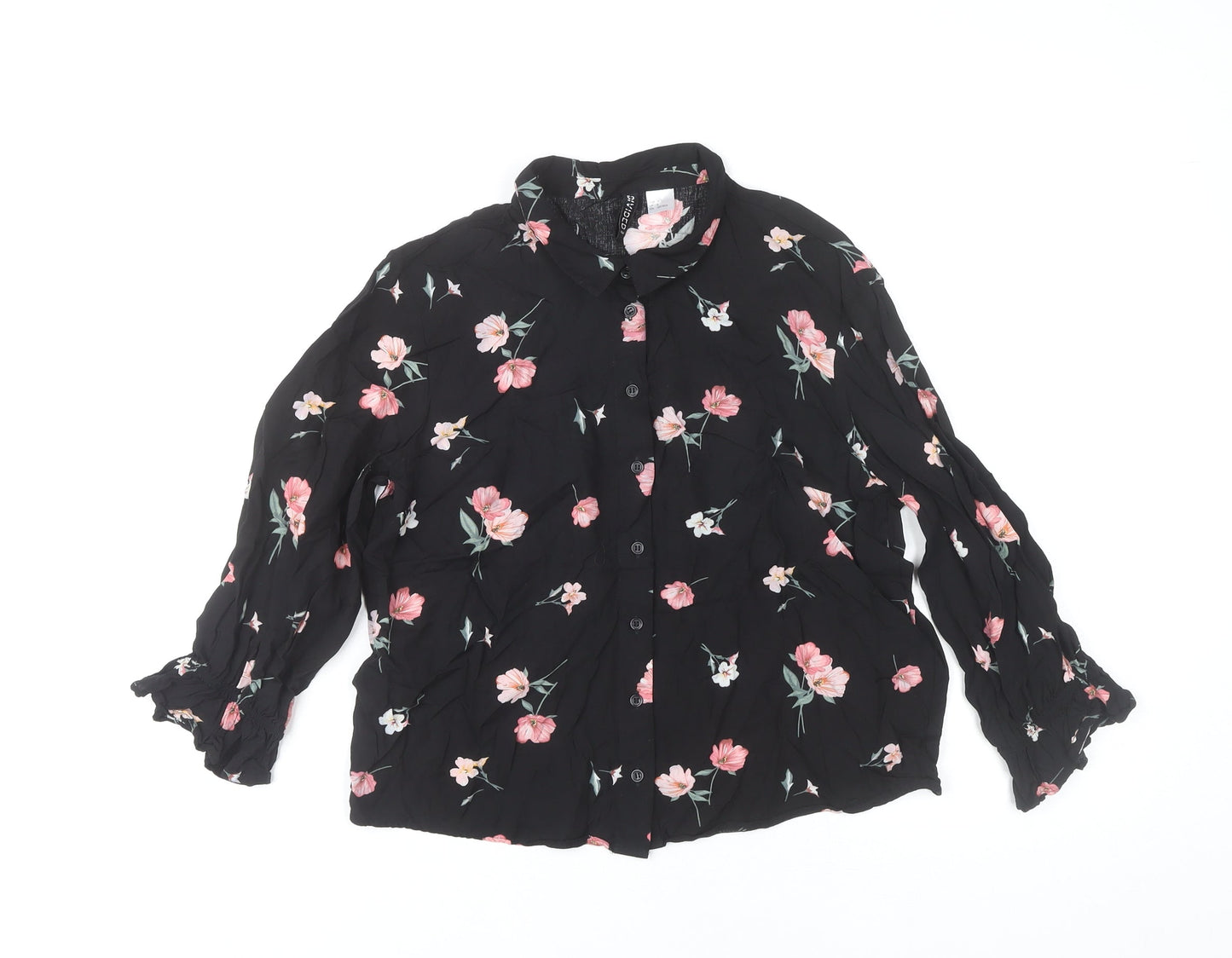 H&M Women’s Black Floral Collared Long Sleeve Blouse UK 6