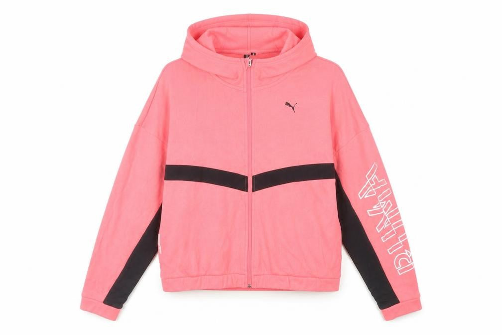 Front view of Puma women’s pink xl full zip hoodie sports activewear