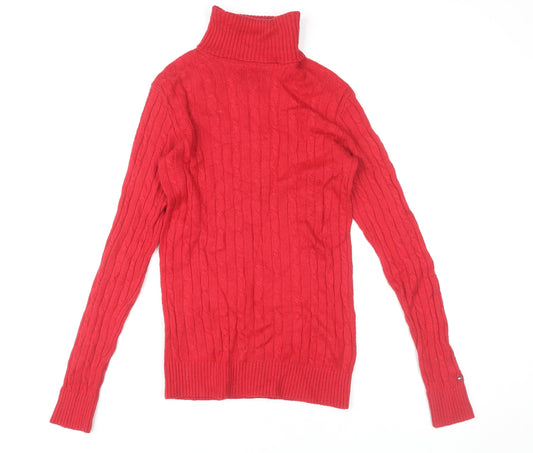 Tommy Hilfiger Women's Red Roll Neck Cable Knit Jumper Size S