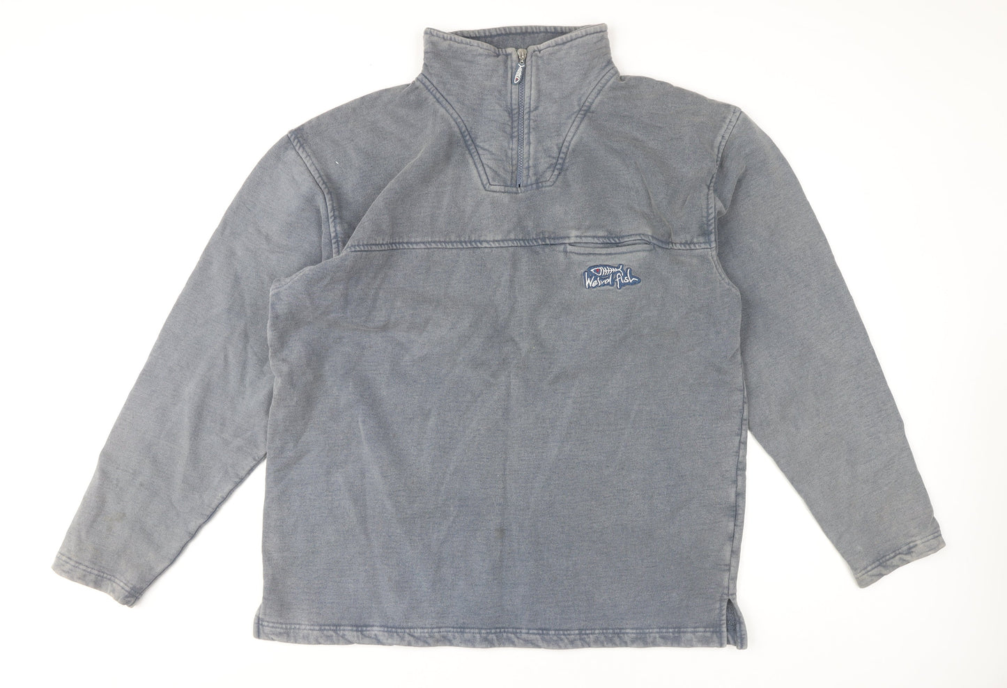 Weird Fish Men's Blue L 1/4 Zip Cotton Sweatshirt Mock Neck