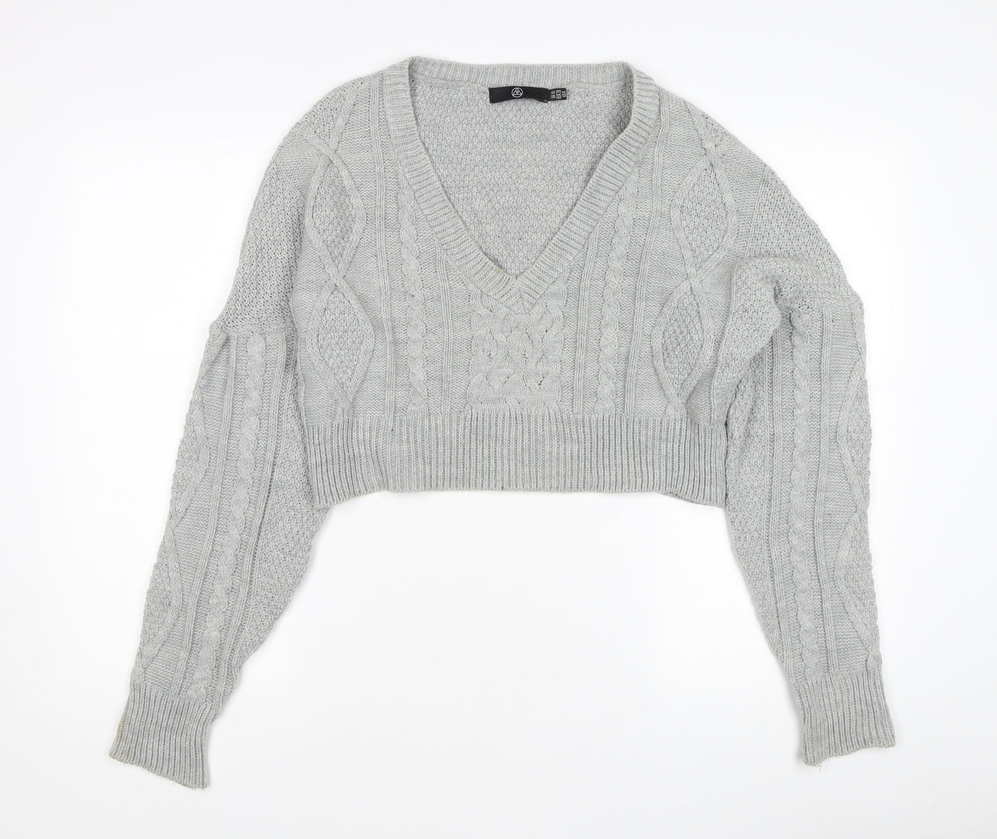 Missguided Women's Grey Cable-Knit V-Neck Acrylic Jumper Size 10