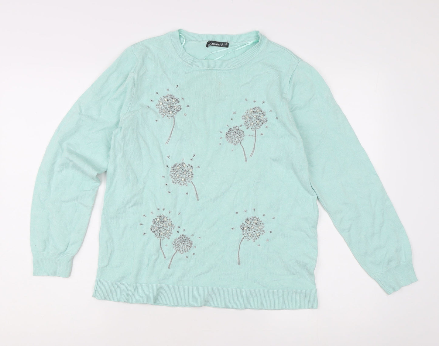 Bonmarché Women's Green Floral Embroidered Pullover Jumper Size 12