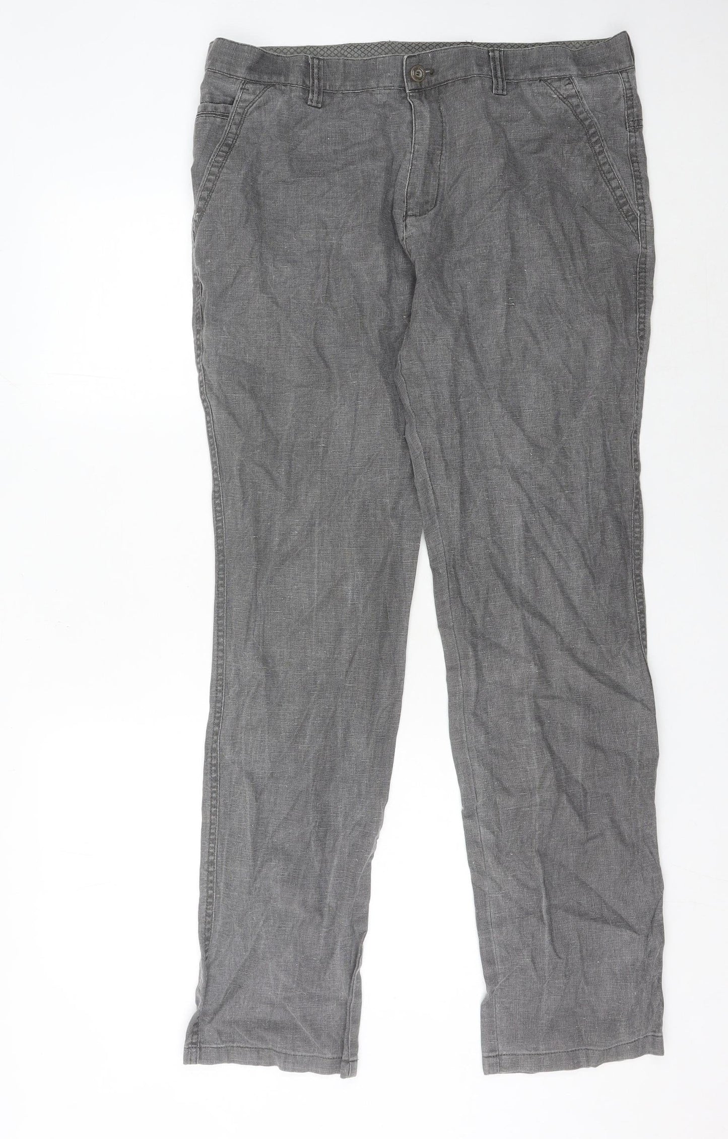 RE&X Women's Grey Linen Chino Trousers UK 10 Straight Leg Casual