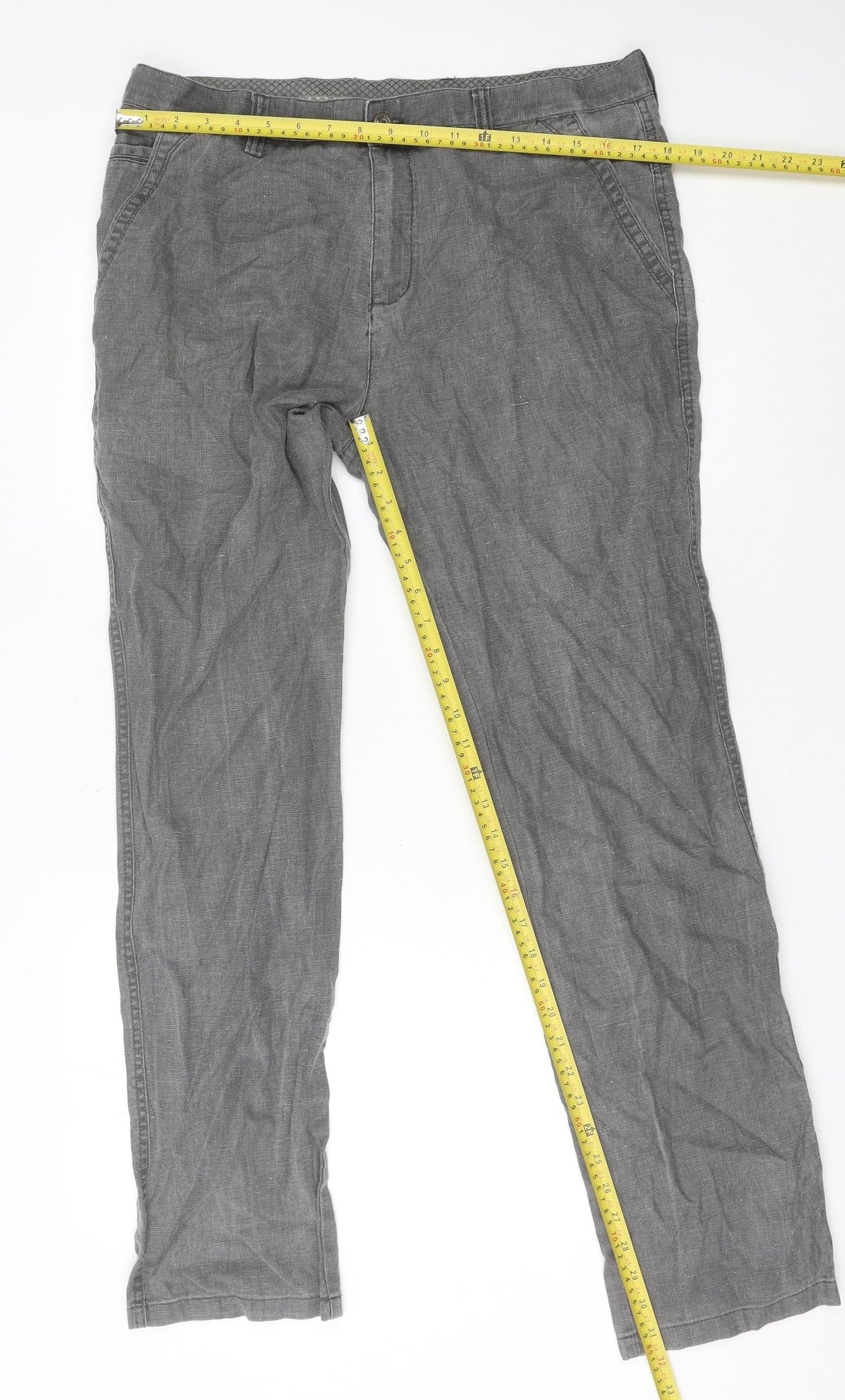 RE&X Women's Grey Linen Chino Trousers UK 10 Straight Leg Casual