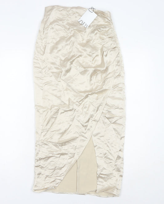 Zara Women’s Beige XS Wrap Midi Skirt High Rise Lined Slit