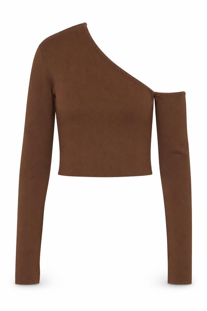 Zara Women Brown XS One Shoulder Cropped Knit Blouse Slim Fit