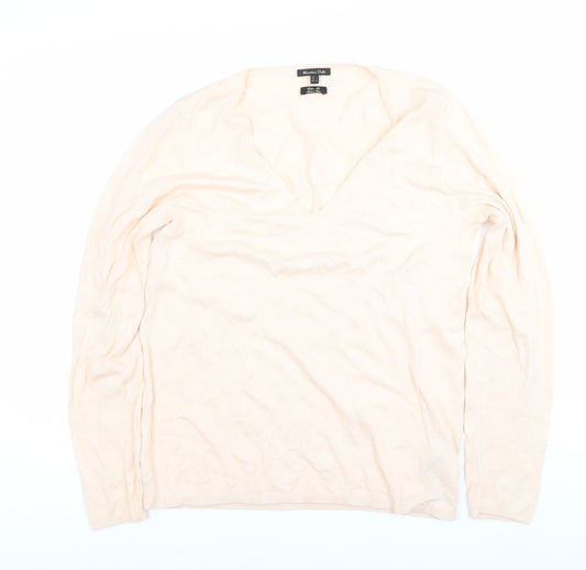 Massimo Dutti Women's Beige V-Neck Cotton Silk Jumper Size 12