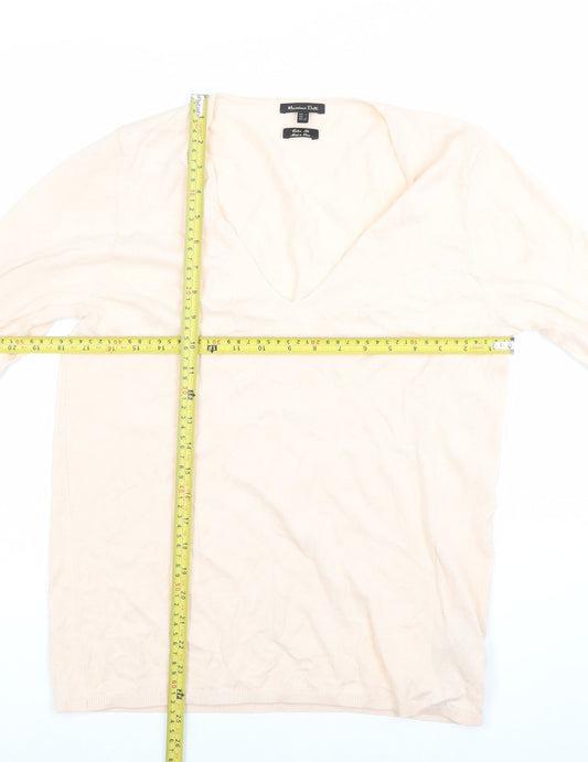Massimo Dutti Women's Beige V-Neck Cotton Silk Jumper Size 12