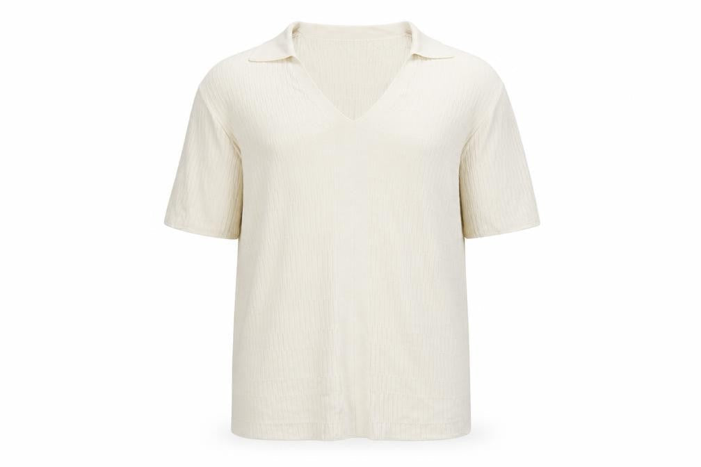Marks and Spencer Men’s Ivory Knit Polo Shirt L V-Neck Short Sleeve