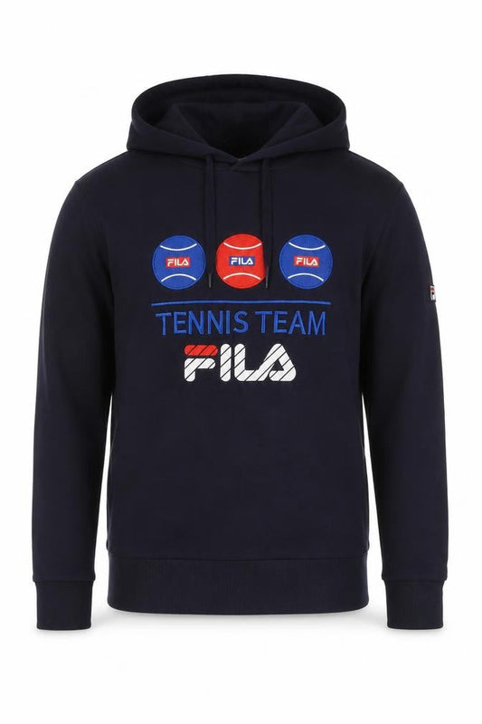 Front view of Fila Men's Blue Pullover Hoodie S Embroidered Tennis Sportswear