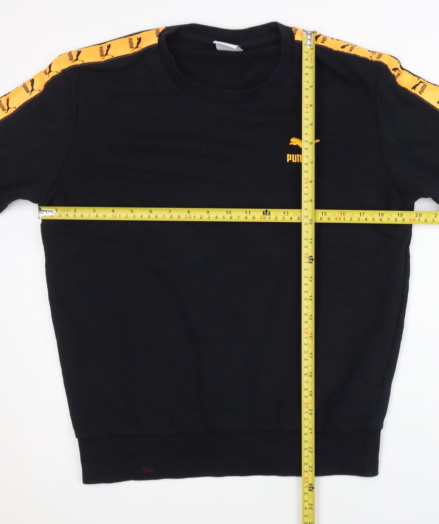 Puma Men’s Black Crew Neck Pullover Sweatshirt Size S Logo Sleeve Tape