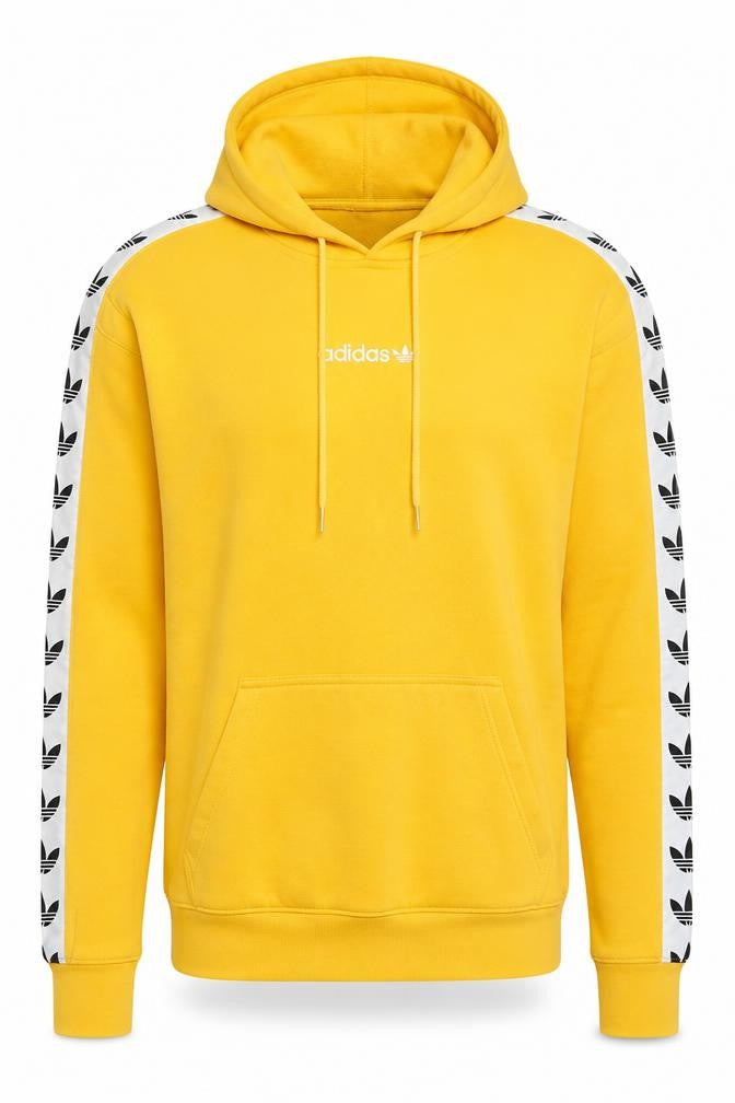 Front view of Adidas Men's Yellow Pullover Hoodie S Logo Tape Long Sleeve Sportswear