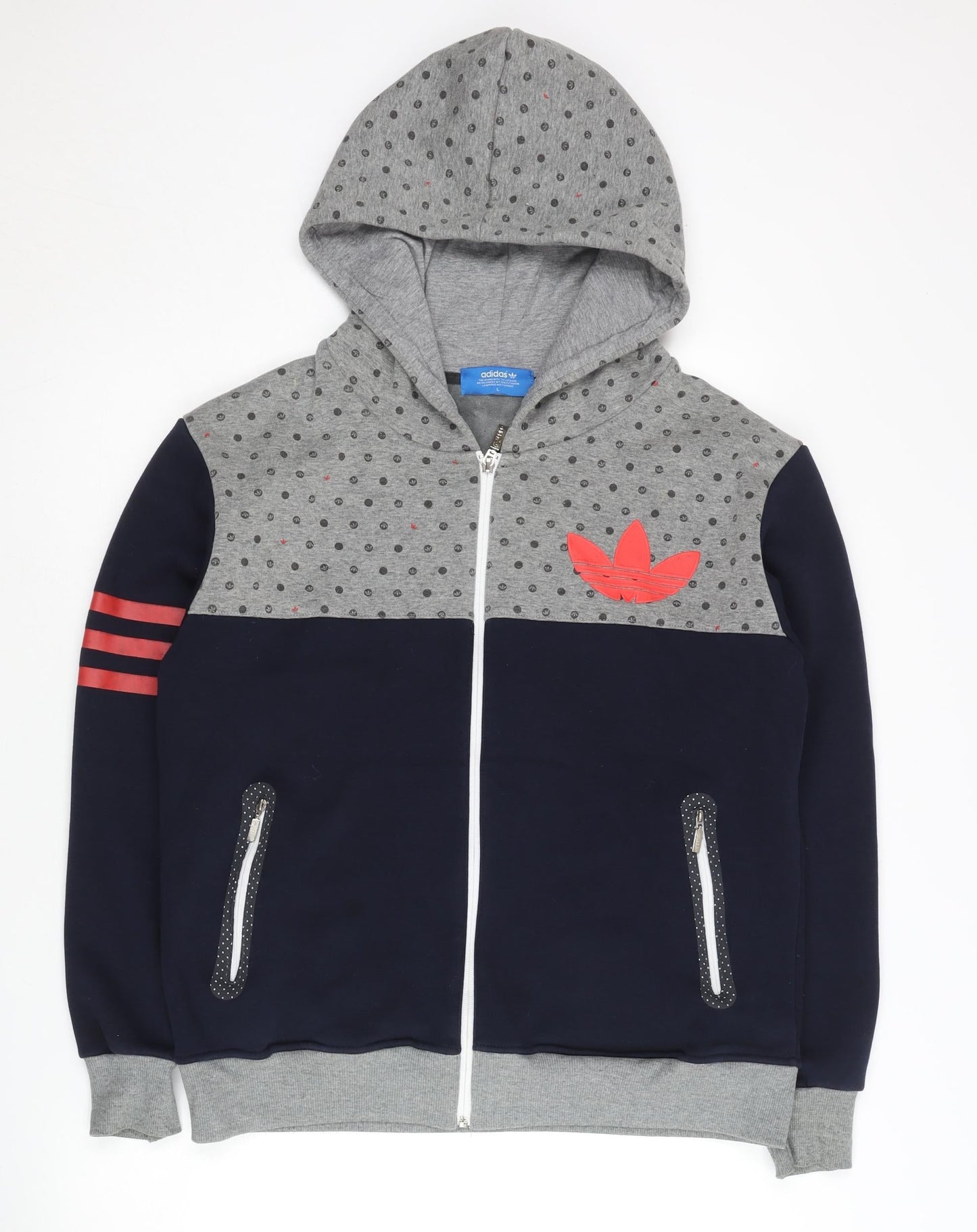 adidas Men’s Grey & Blue Full Zip Hoodie L Sports Polka Dot Logo
