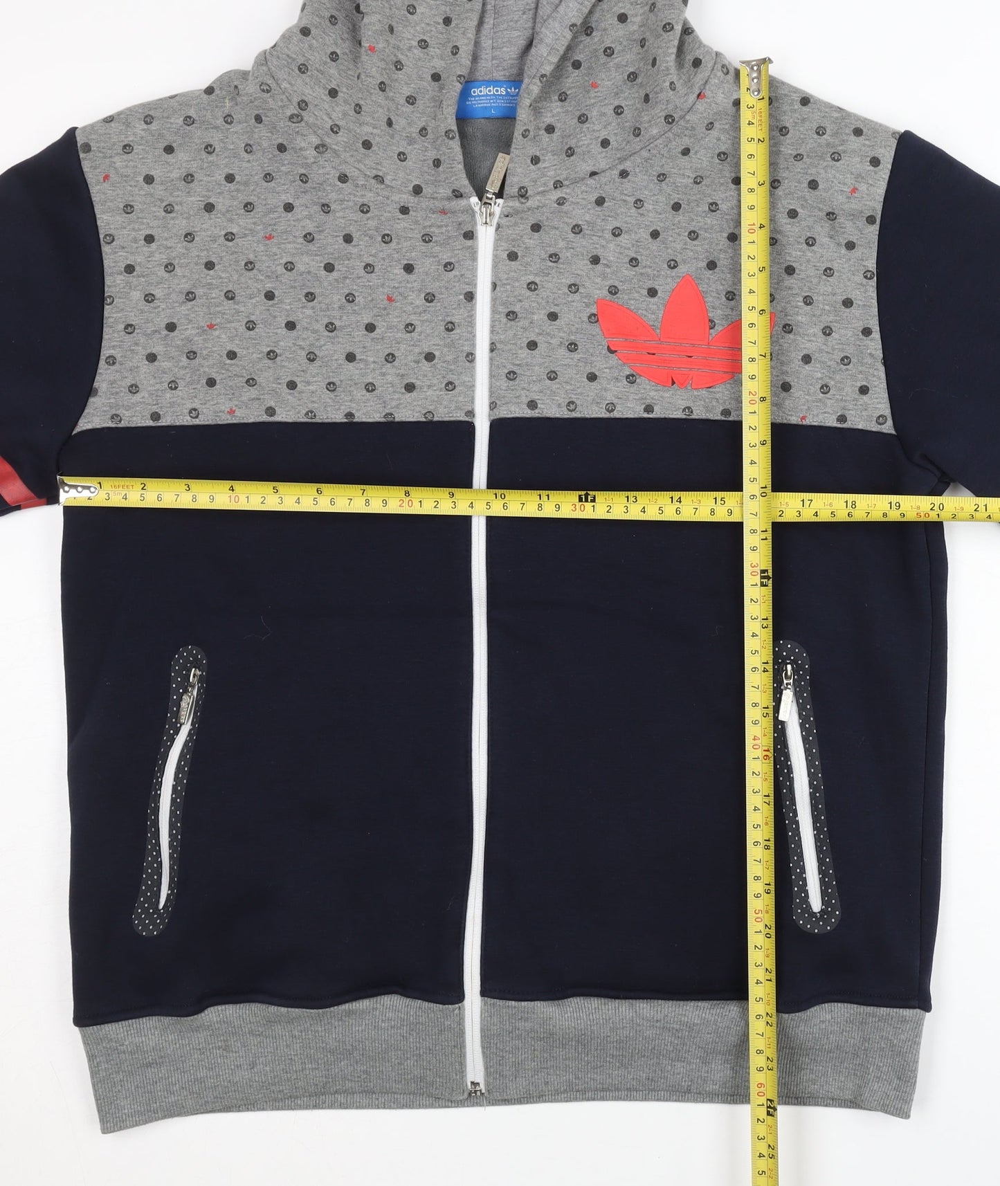 adidas Men’s Grey & Blue Full Zip Hoodie L Sports Polka Dot Logo
