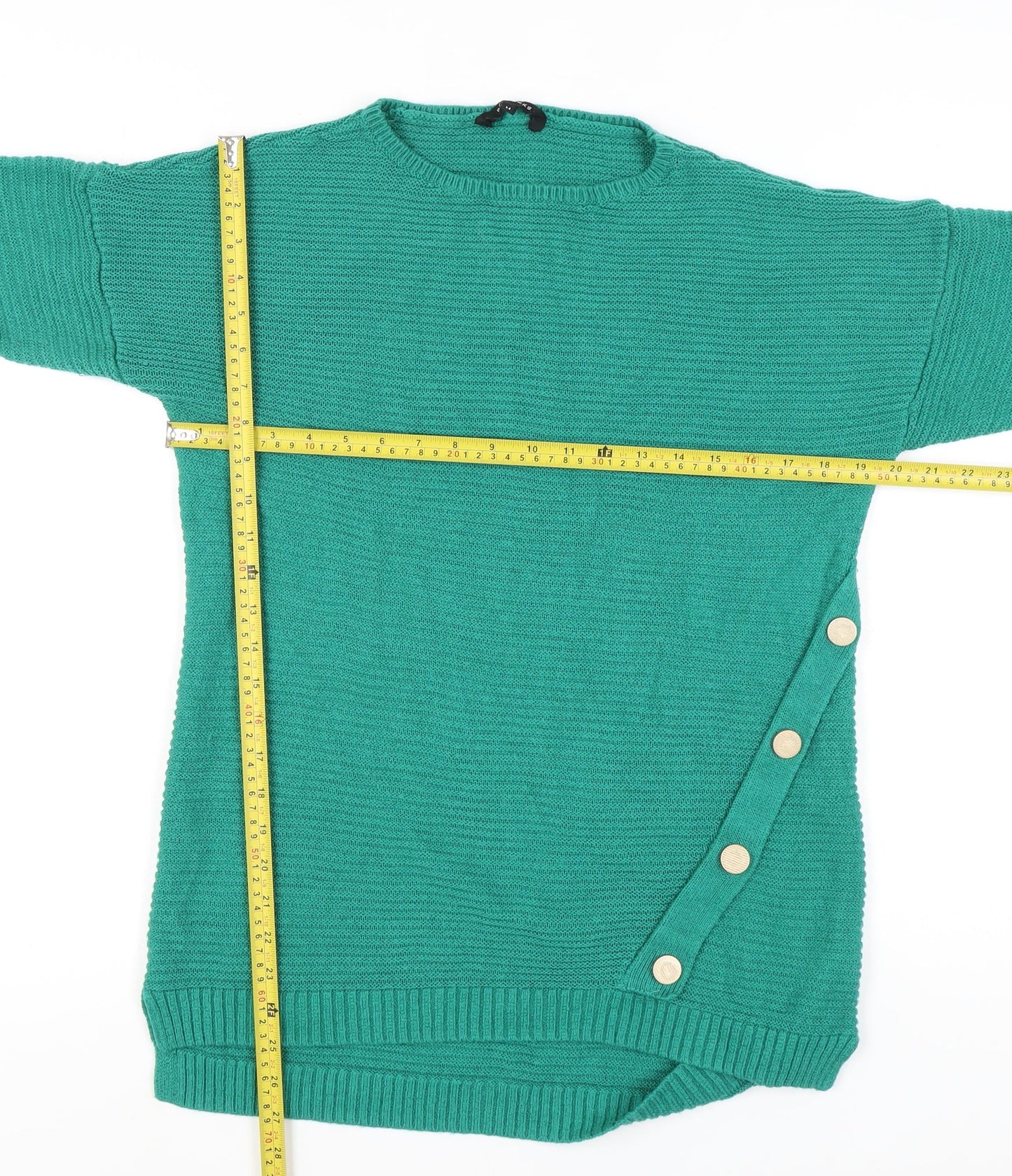 Peacocks Women's Green Medium Crew Neck Pullover Jumper with Button Detail