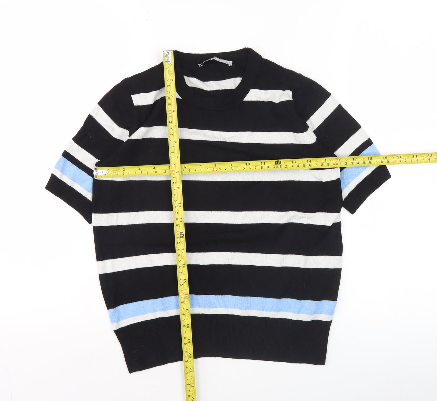 Zara Women’s Black Stripe Knit Short Sleeve Crew Neck Top Size S