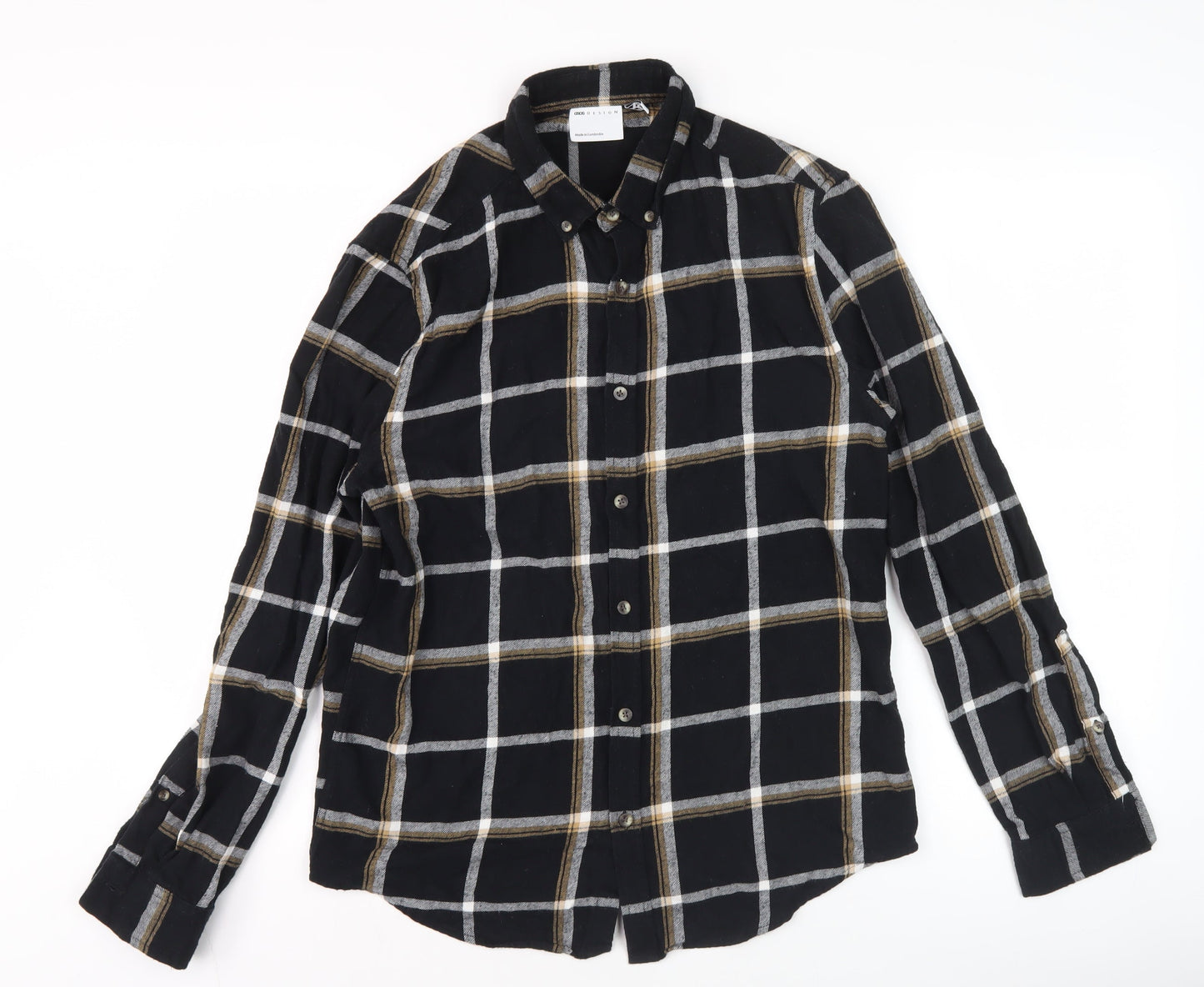 ASOS DESIGN Men’s Black Check Cotton Long Sleeve Button-Up Shirt M