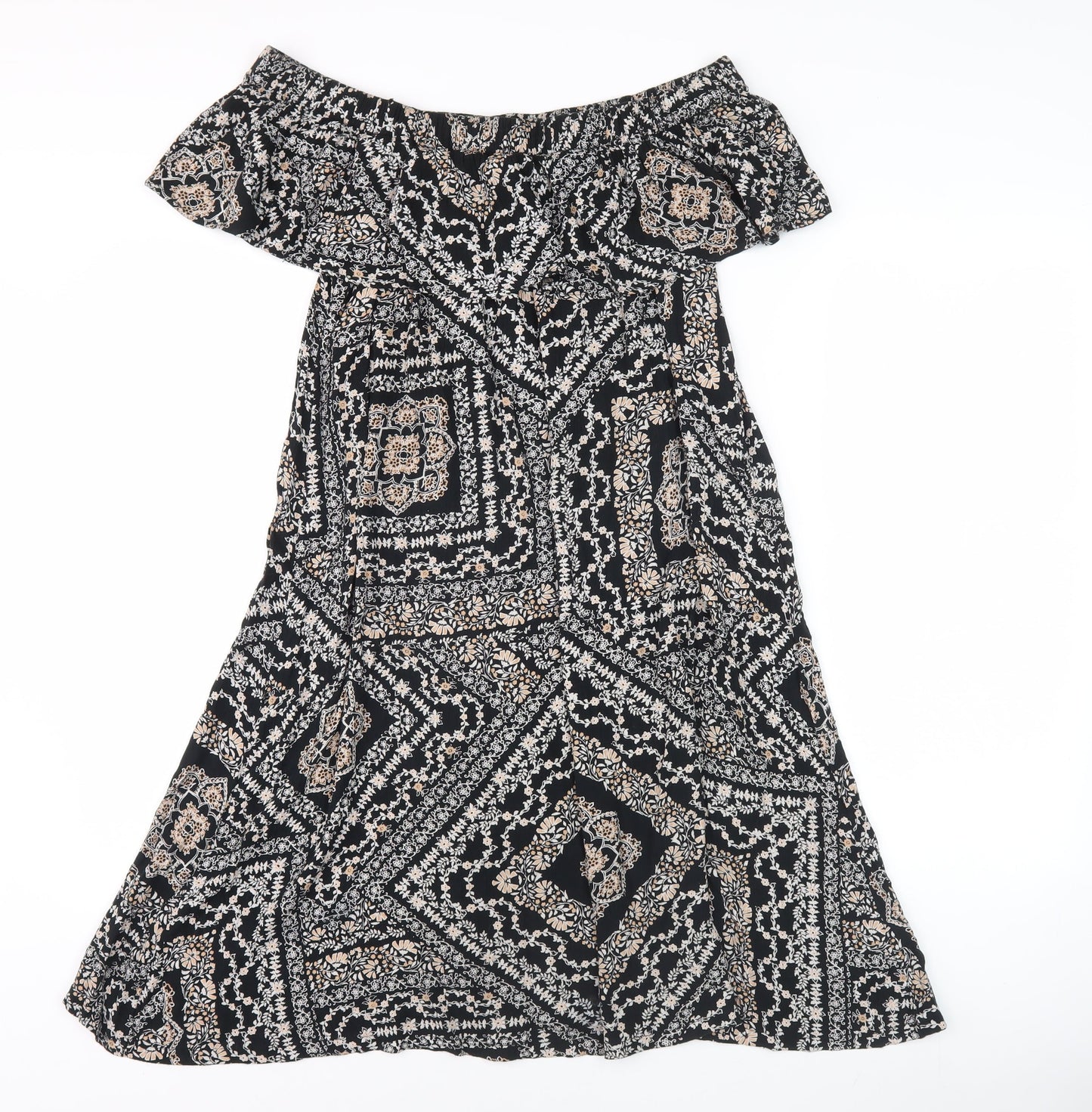 Dorothy Perkins Women’s Black Geometric Midi A-Line Off Shoulder Dress Size 10