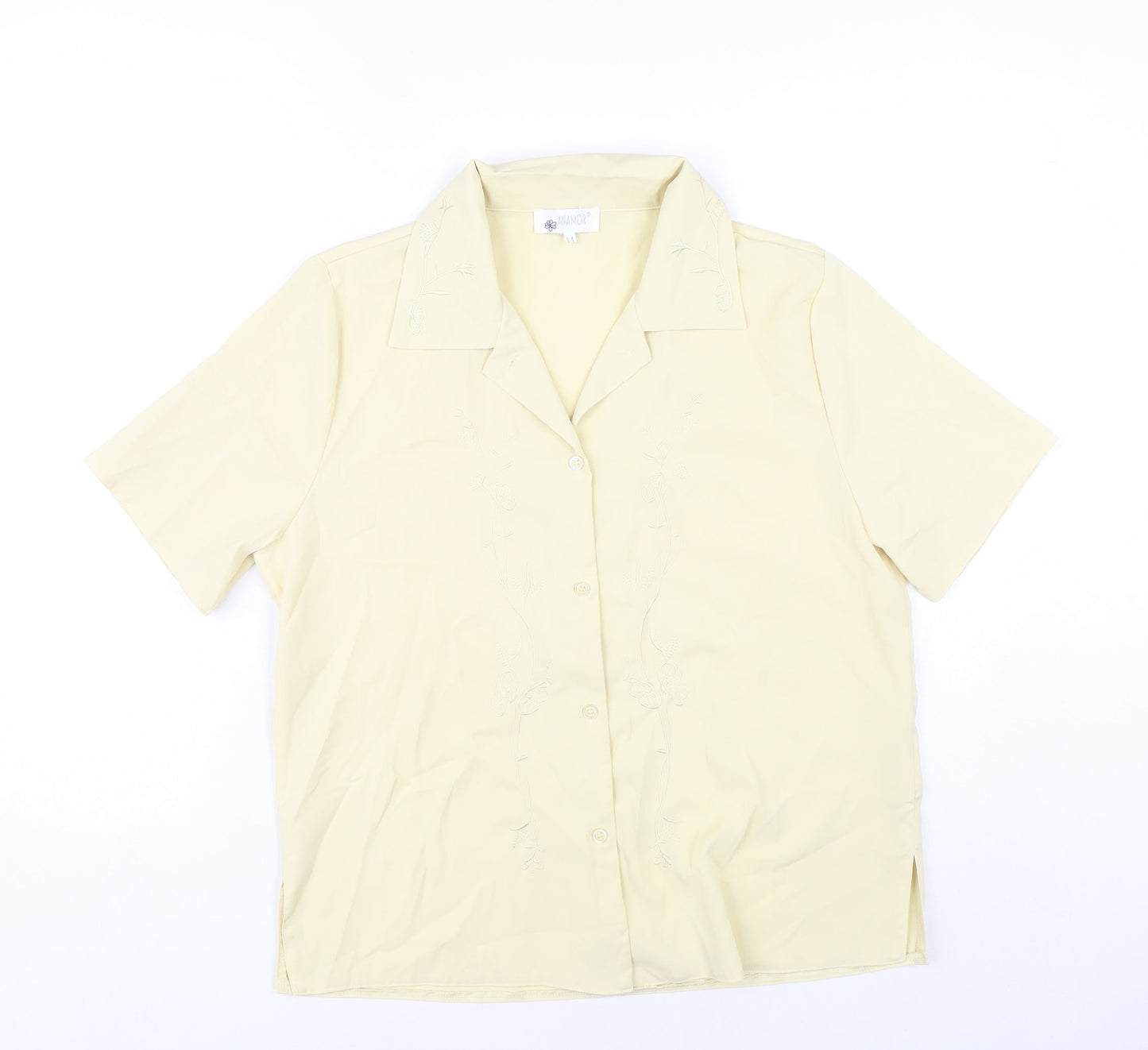 Anamor Women Beige Short Sleeve Collared Button-Up Shirt Size 14