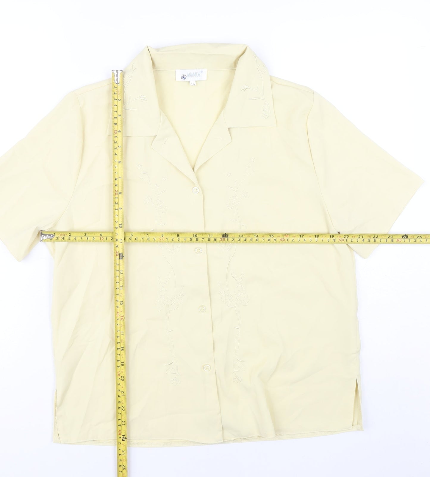 Anamor Women Beige Short Sleeve Collared Button-Up Shirt Size 14