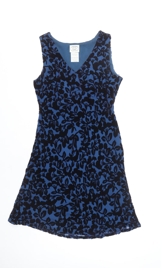 Laura Ashley Women Blue Floral Velvet A-Line Knee Length Dress UK 10