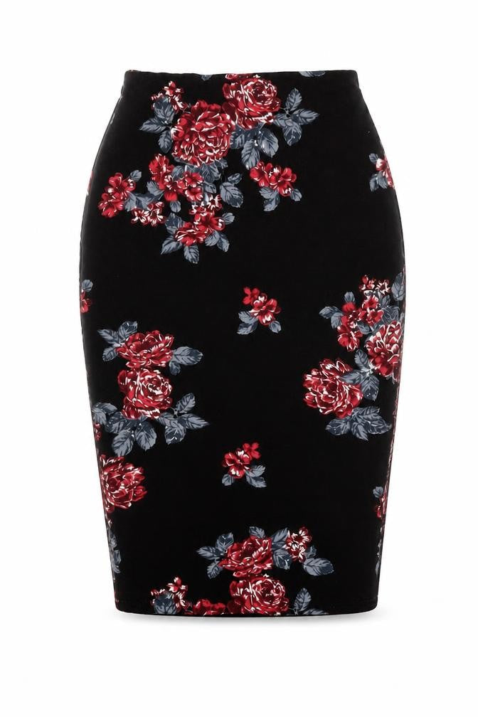 Boohoo Womens Black Floral High Rise Pencil Skirt Size 8