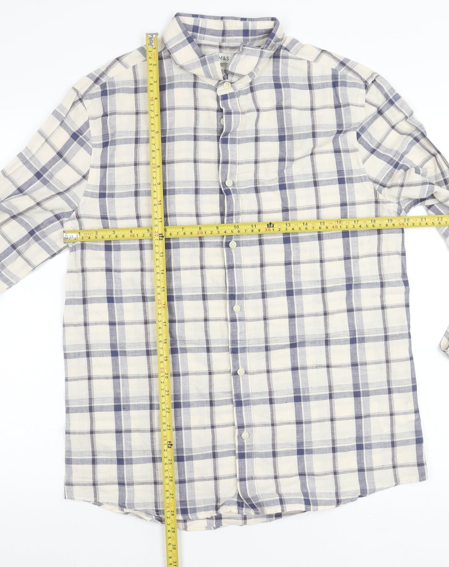 Marks and Spencer Men's Multicoloured Check Linen Blend Shirt M