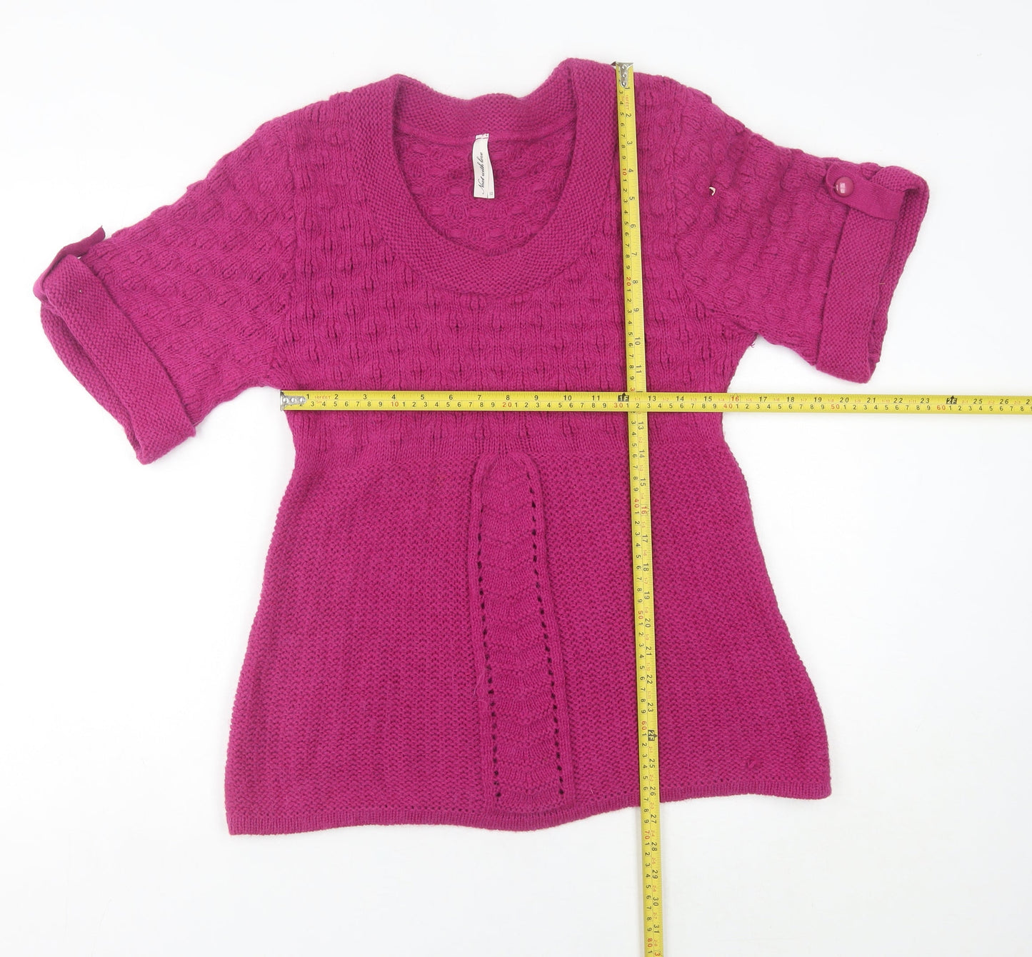 Next Women’s Pink Cable-Knit Tunic Jumper UK 12 Scoop Neck Short Sleeve