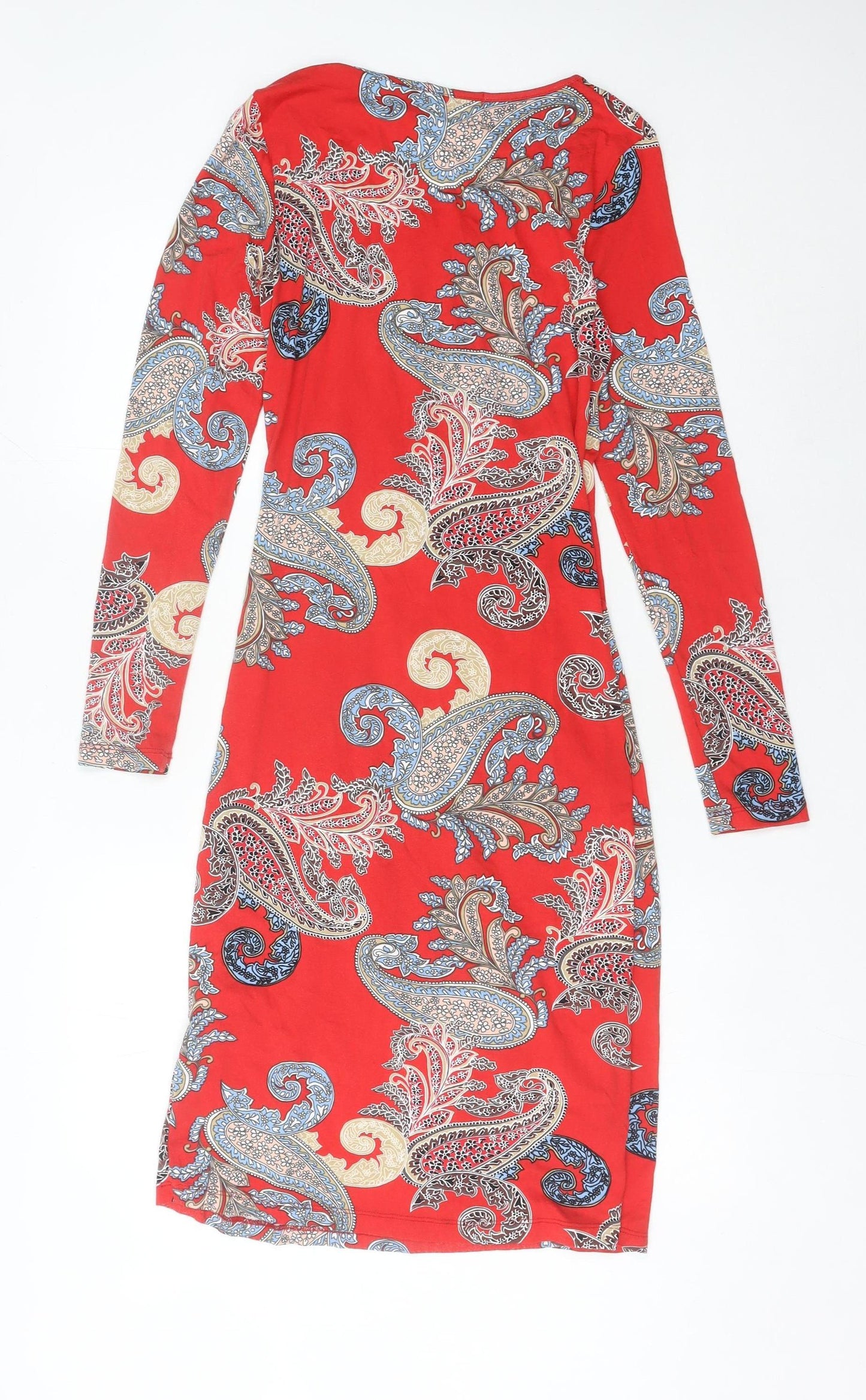Joe Browns Women’s Red Paisley Bodycon Dress Size 8 V-Neck Boho Knee Length
