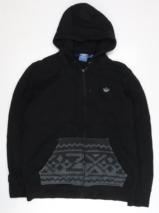Adidas Men's Black Full Zip Hoodie L Fleece Geometric Pocket Logo
