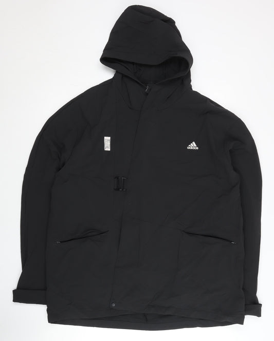Adidas Women’s Black Long Parka Jacket L Hooded Full Zip Logo