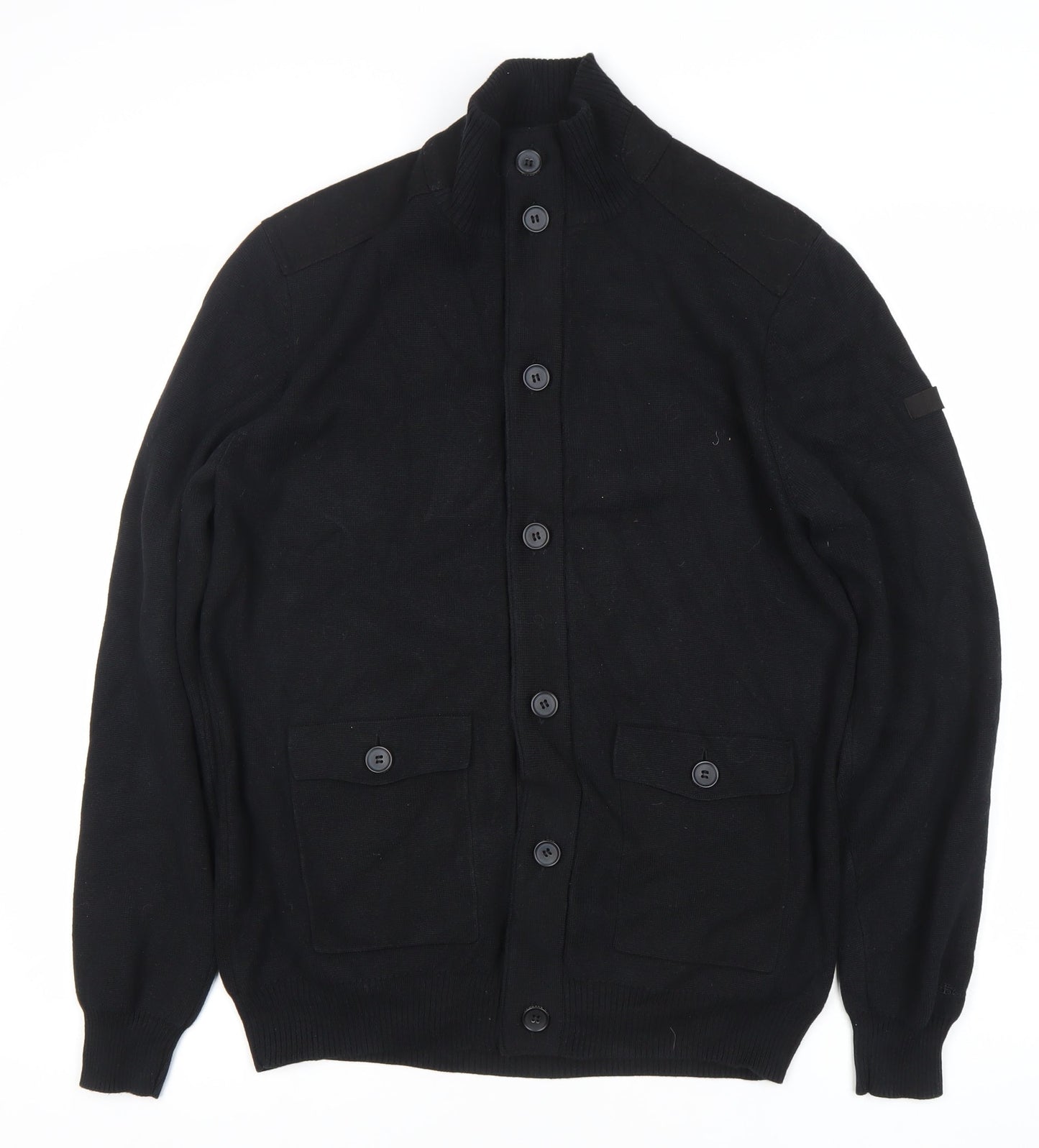 Boss Orange Men's Black Cotton Mock Neck Cardigan L Long Sleeve