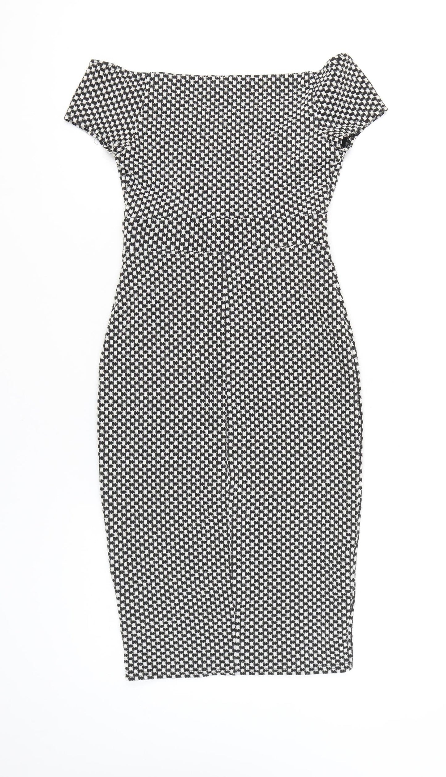 New Look Women’s Black Check Bodycon Knee Length Off Shoulder Dress Size 8