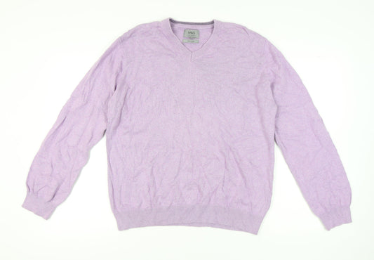 Marks and Spencer Men's Purple XL Cotton V-Neck Jumper