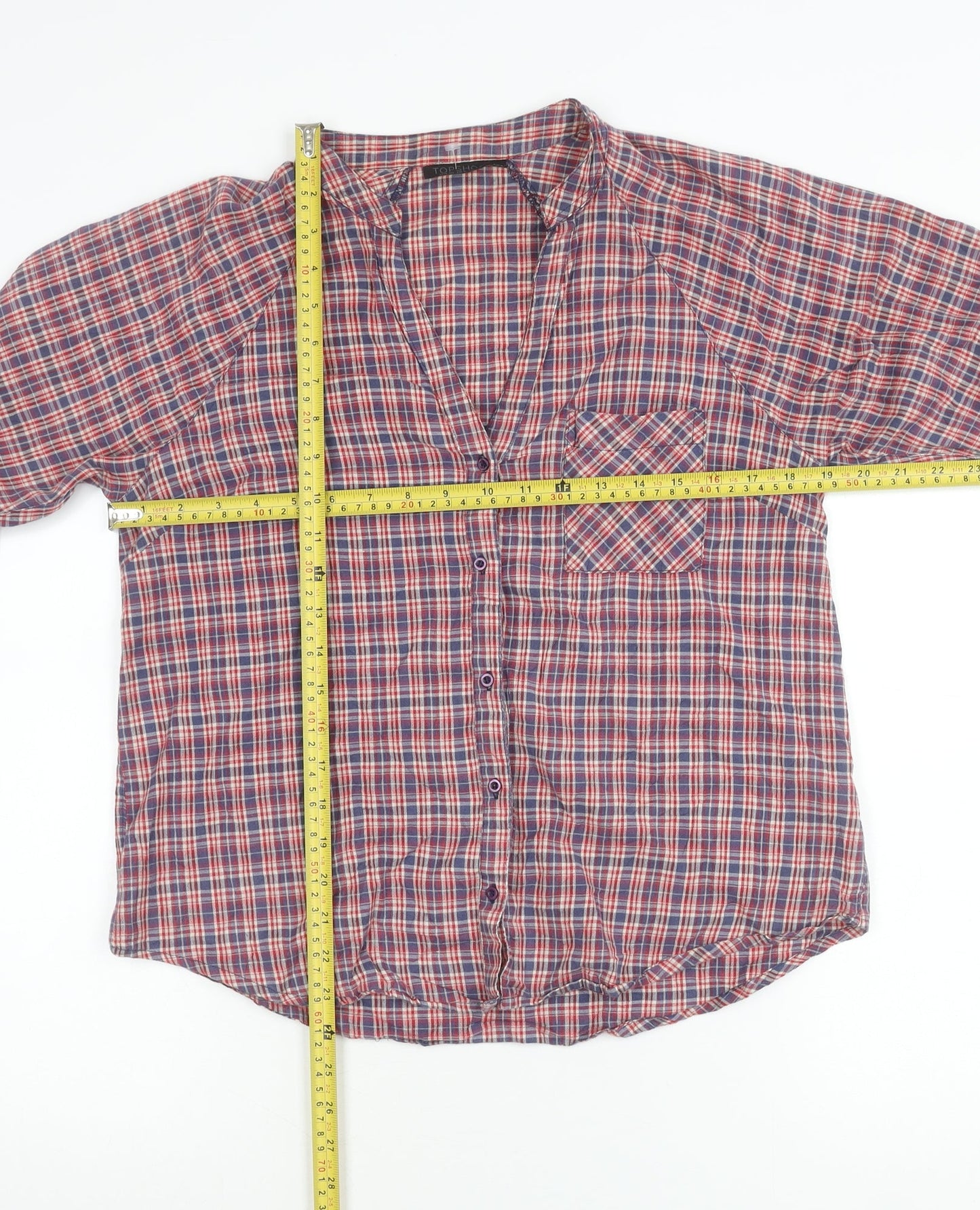 Topshop Women's Red Check Cotton Long Sleeve Button-Up Shirt UK 12