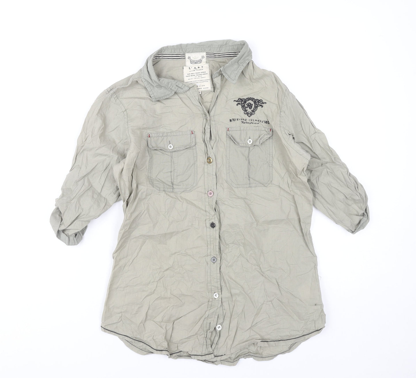 River Island Women’s Grey Cotton Button-Up Shirt Size 10 Casual