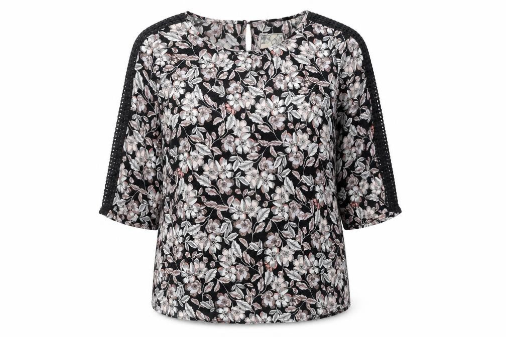 M&Co Women’s Black Floral Crochet Trim Tunic Blouse Size 14
