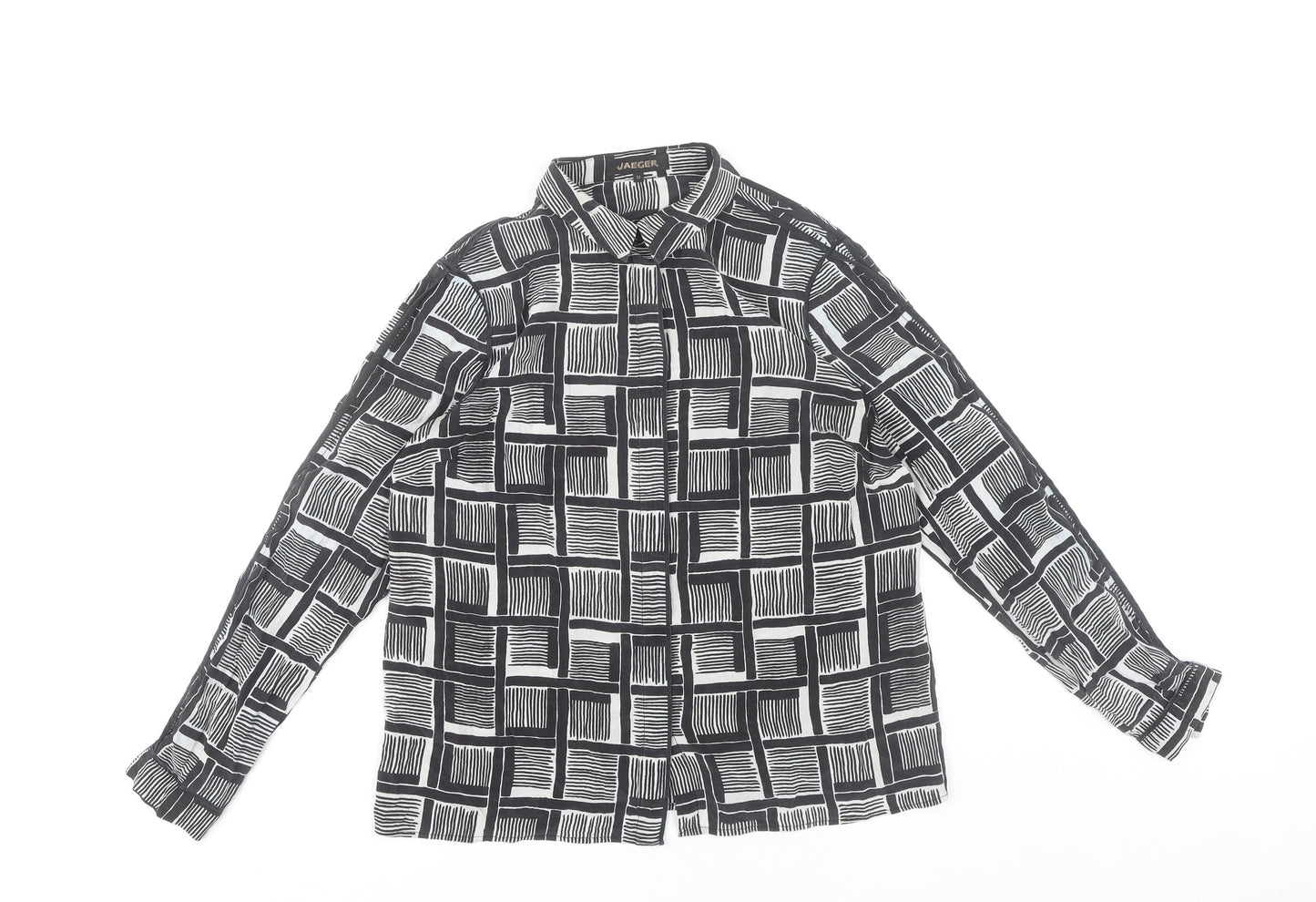Jaeger Women’s Black Geometric Silk Button-Up Shirt UK12