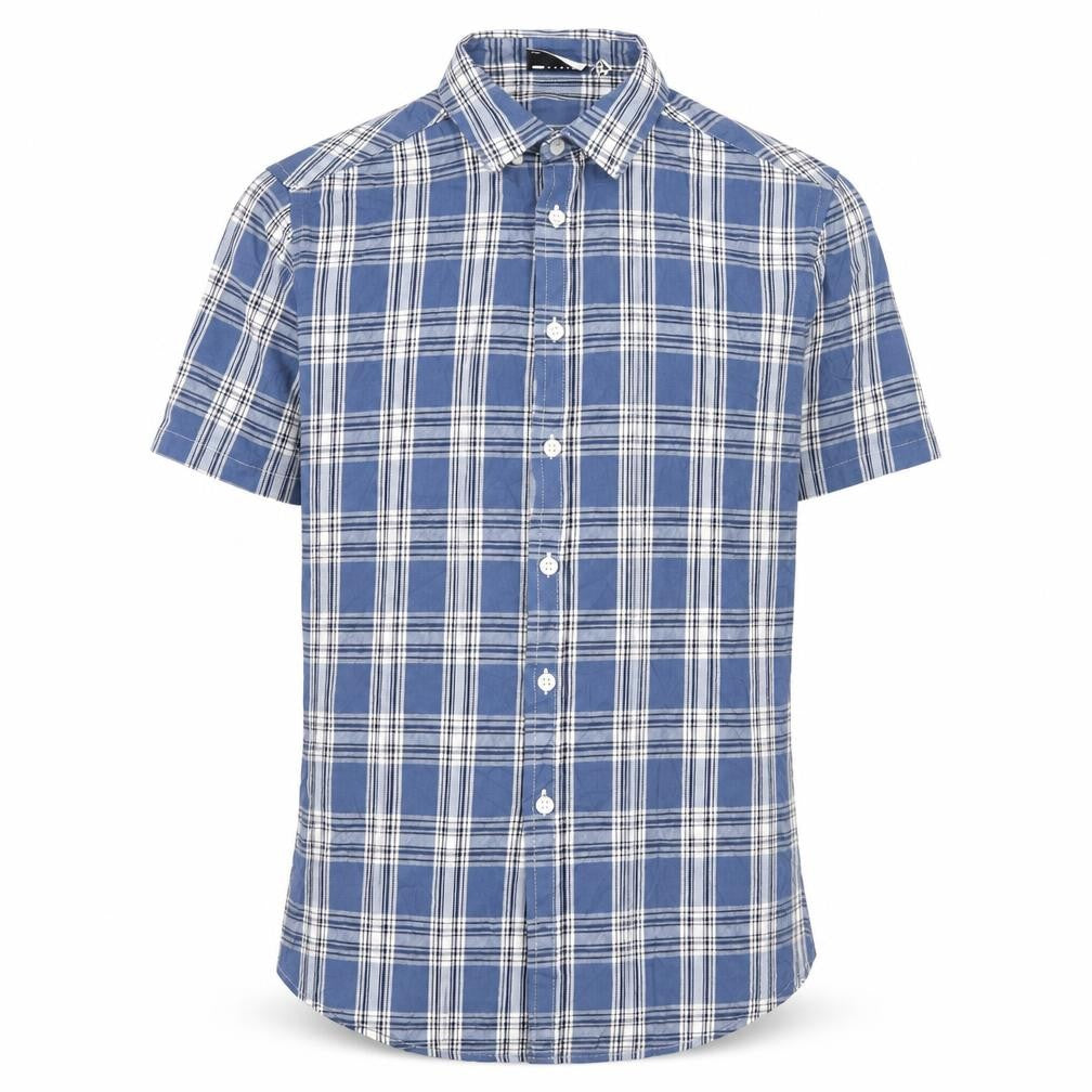 Front view of ASOS DESIGN Men's Blue Check Woven Short Sleeve 2XS Button-Up Shirt