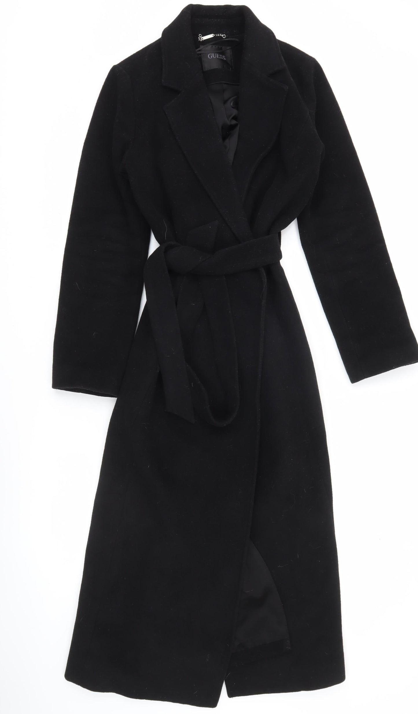 Guess Women’s Black Long Belted Overcoat Size 4 XS Autumn Winter