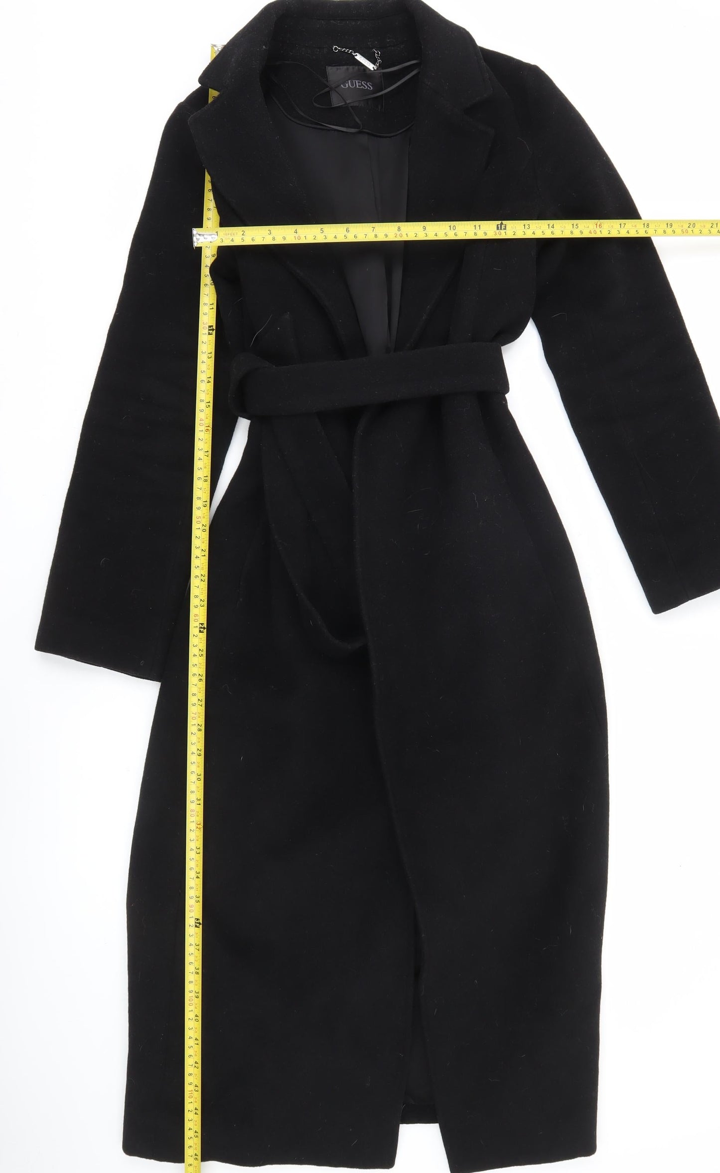 Guess Women’s Black Long Belted Overcoat Size 4 XS Autumn Winter