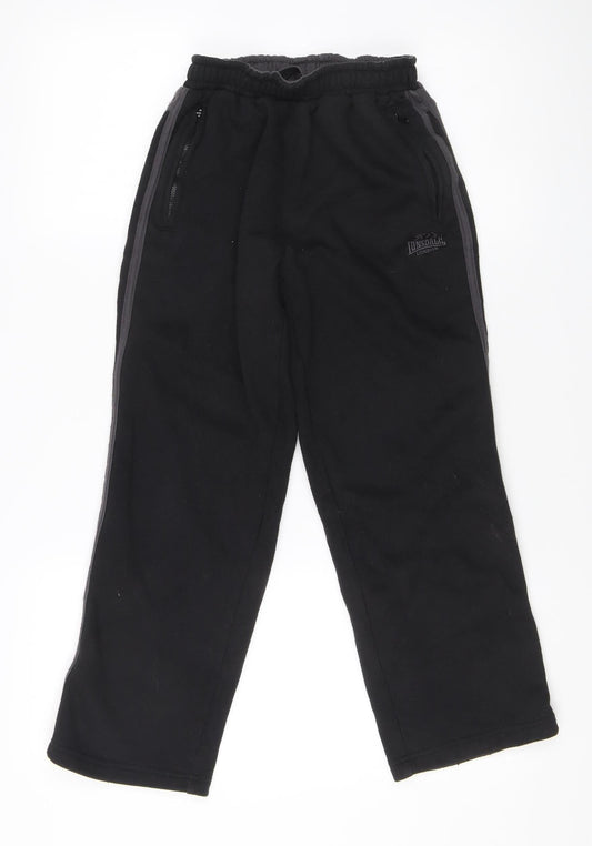 Lonsdale Boys Black Track Pants 9-10 Years Elastic Waist Fleece Sportswear