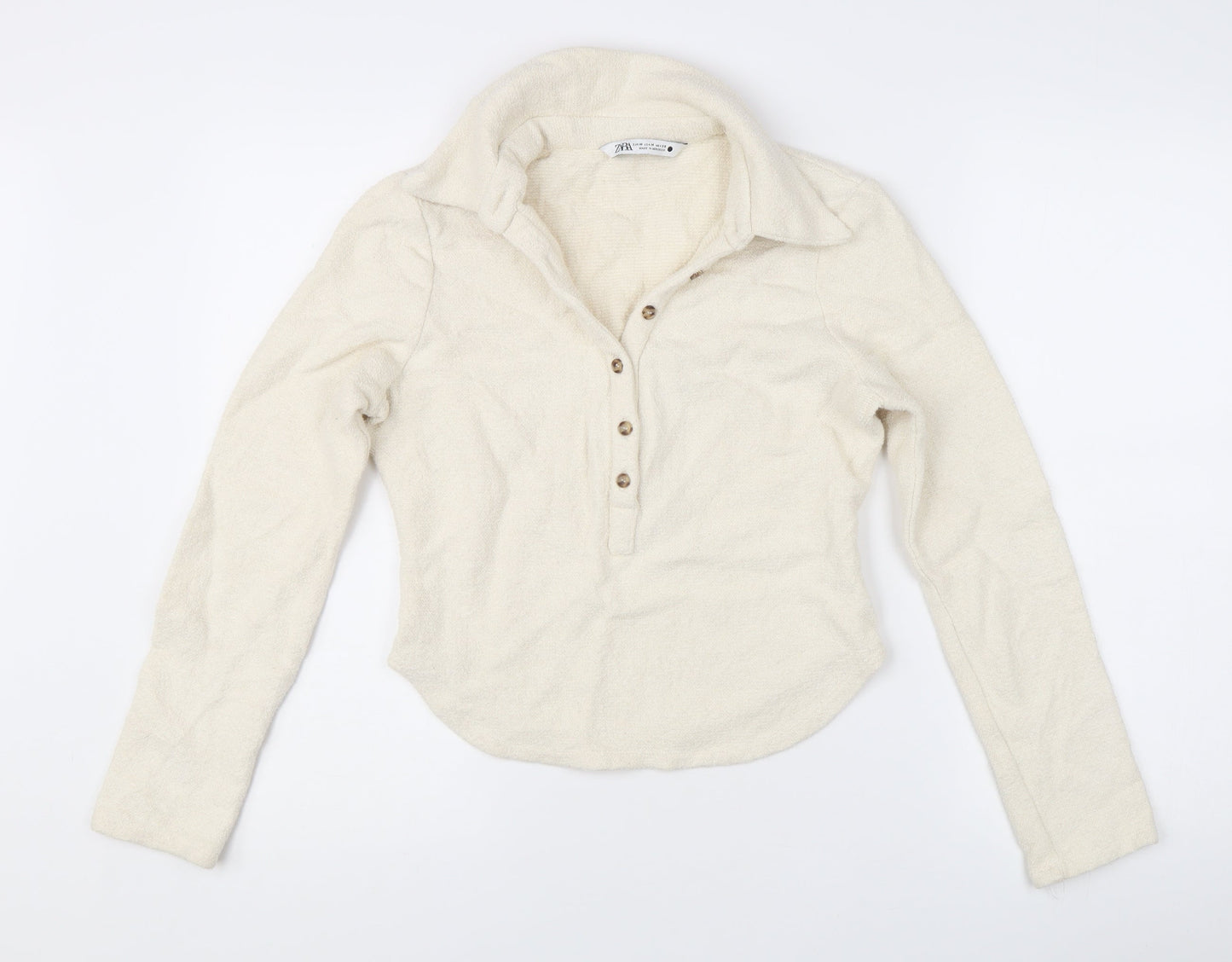 Zara Women Ivory Collared Henley Knit Jumper Size 12 Long Sleeve